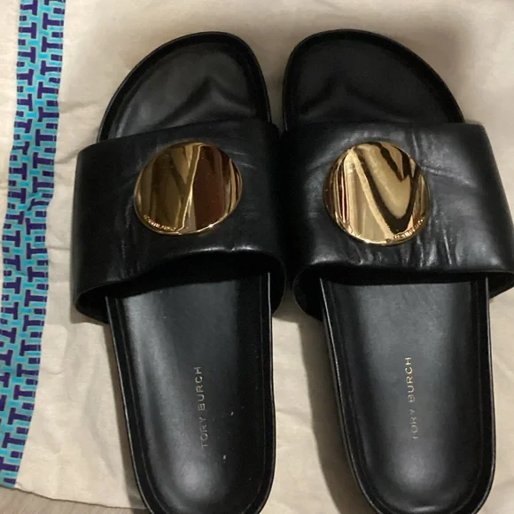 Tory Burch Black Sandals with Gold Accents - Picture 2 of 3